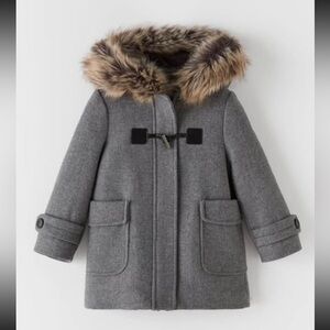 Zara Girls Gray Wool Coat with Faux Fur Collar